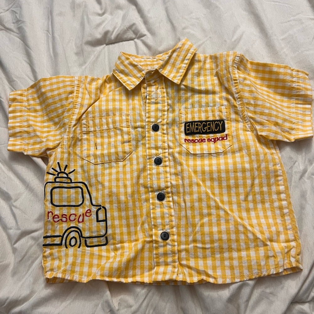 Yellow Checkered Kids Shirt with Rescue Squad Design vintage